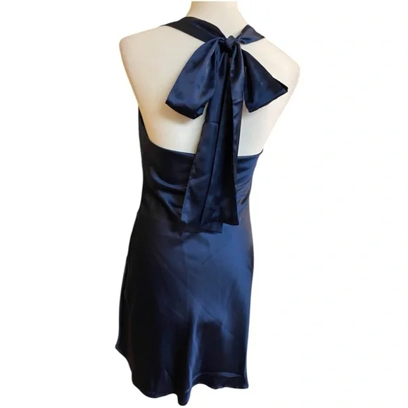 Navy Draped Cowl Neck Satin Sleeveless Dress - Picture 10 of 12